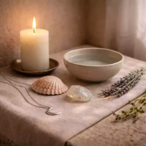 Quieting altar still life with a lit white candle, a bowl of water, seashell, clear crystal, herbs, and a crescent moon necklace on linen.
