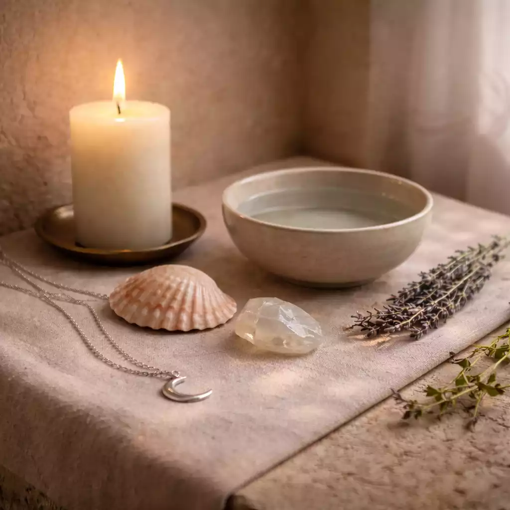 Quieting altar still life with a lit white candle, a bowl of water, seashell, clear crystal, herbs, and a crescent moon necklace on linen.