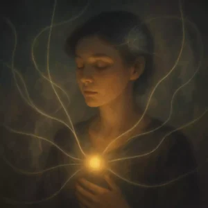 Person surrounded by glowing light threads representing emotional patterns and karmic memories.