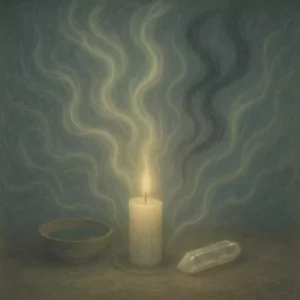 oft glowing candle with dissolving shadow-like energy symbolizing karmic cleansing and release.