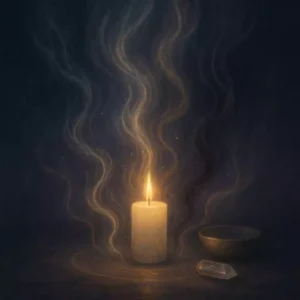 oft glowing candle with dissolving shadow-like energy symbolizing karmic cleansing and release.