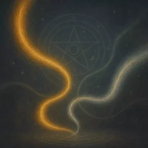 Intertwined golden and silver energy streams symbolizing the harmony between magic and karma.