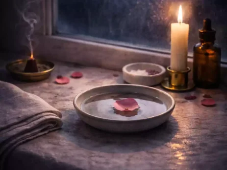 Single rose petal floating in a shallow dish of water on a moonlit window ledge with candlelight