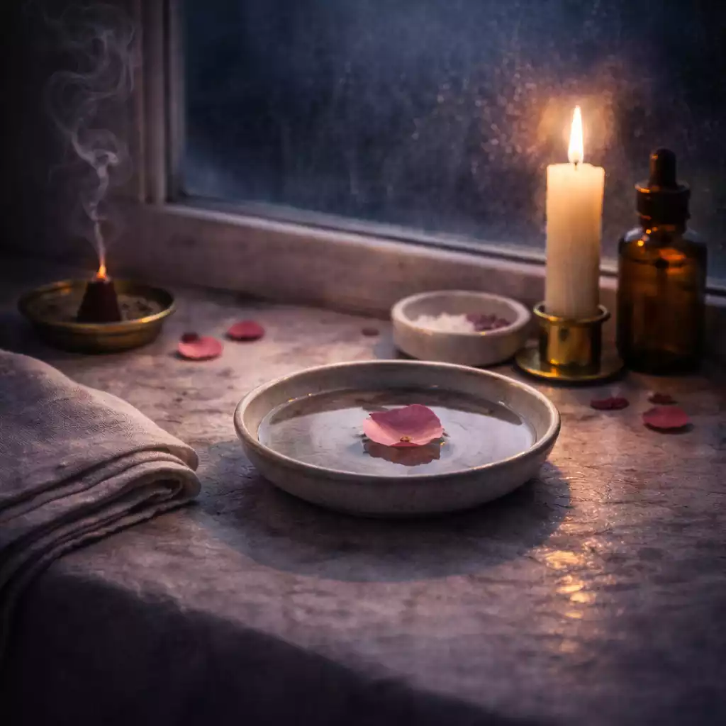 Single rose petal floating in a shallow dish of water on a moonlit window ledge with candlelight