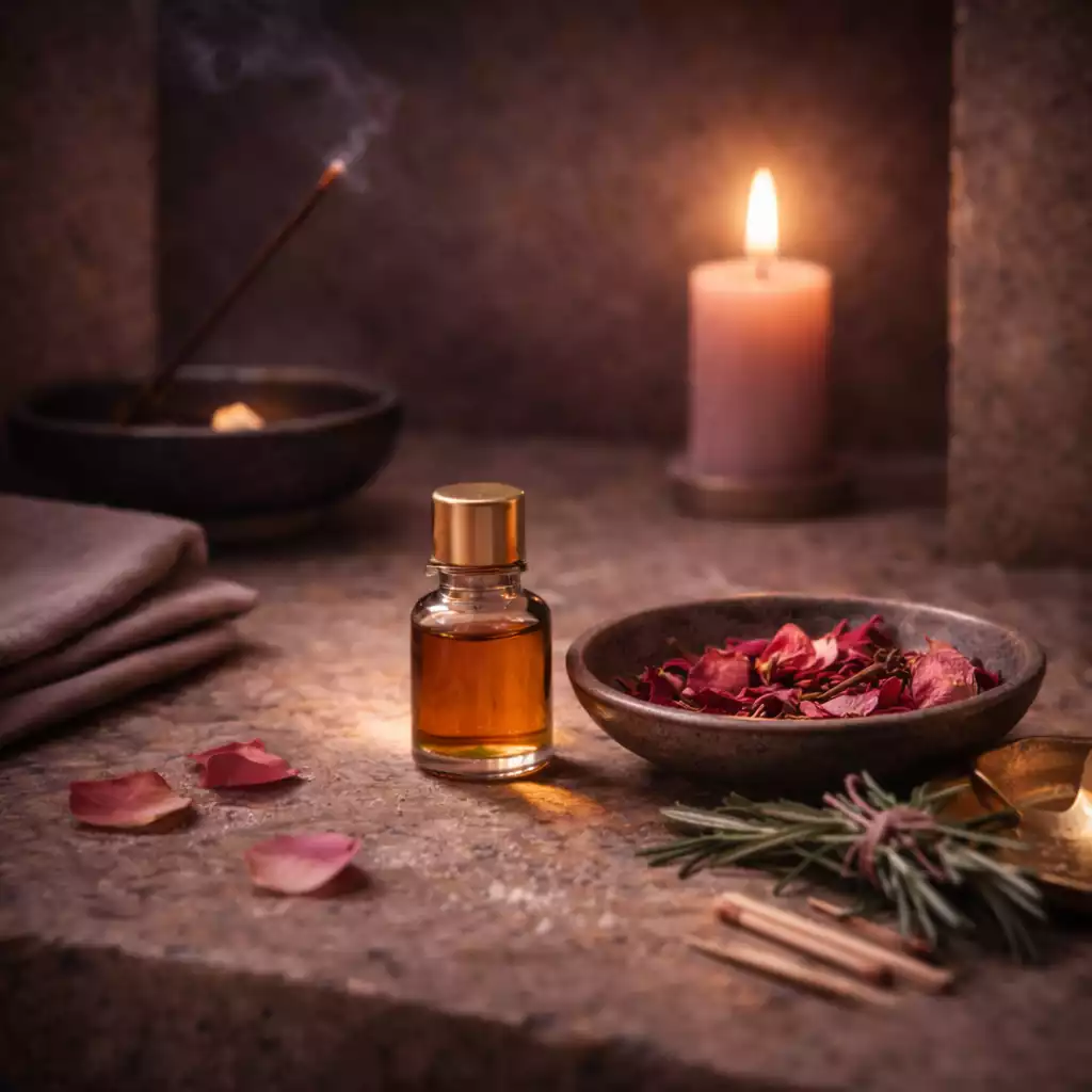 how love spells work altar with incense, candles, rose petals, and rose oil