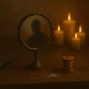 Simple hand mirror reflecting a candle flame on altar wood with salt grains and soft incense smoke