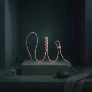 Three pale rose silk cords on a stone plinth—one loose curve, one gentle braid, one tight knot—lit by a soft moonbeam in a teal stone niche