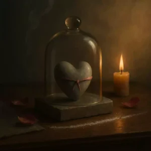 Heart-shaped stone wrapped with rose thread under a glass cloche on dark altar wood