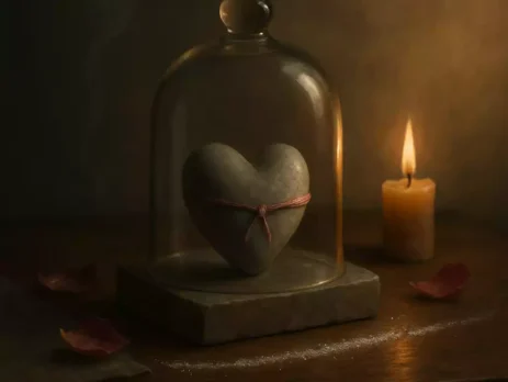 Heart-shaped stone wrapped with rose thread under a glass cloche on dark altar wood