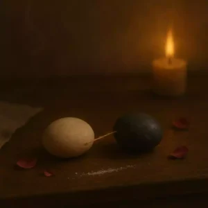Two smooth stones connected by a taut rose thread on dark walnut altar wood with a few rose petals