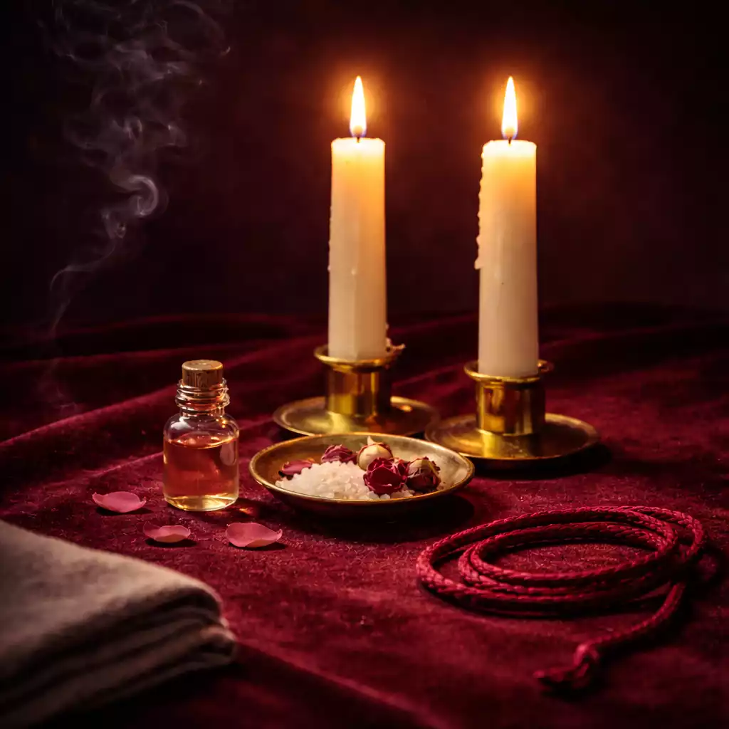 Two taper candles and anointing oil on burgundy velvet—reconnection love spell imagery