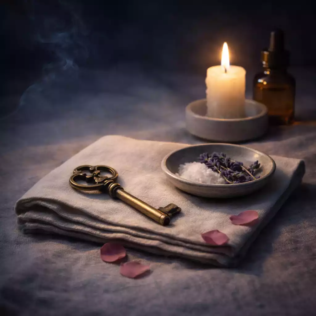 Antique key, candle, salt, lavender, and ritual oil—symbolizing reopening a path back to an ex