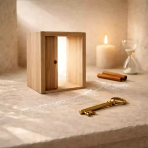 A brass key beside a slightly open box, with a warm candle, salt crystals, and a touch of cinnamon in a bright stone niche.
