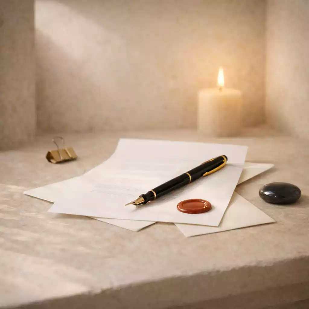 A fountain pen on a blank folded note with a simple wax seal, lit by a warm candle, with a blank card and a dark polished stone nearby.