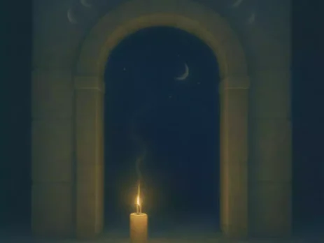 Candlelit doorway opening into moonlit night, symbolizing spell timing and results arriving through an open path.