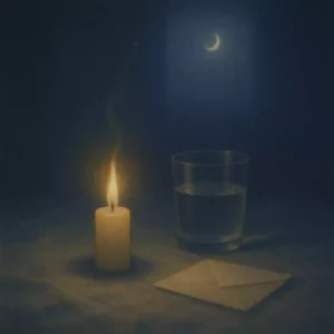 Candle beside a glass of water as shadowy mist softens into warm light, symbolizing fear settling into steadiness.
