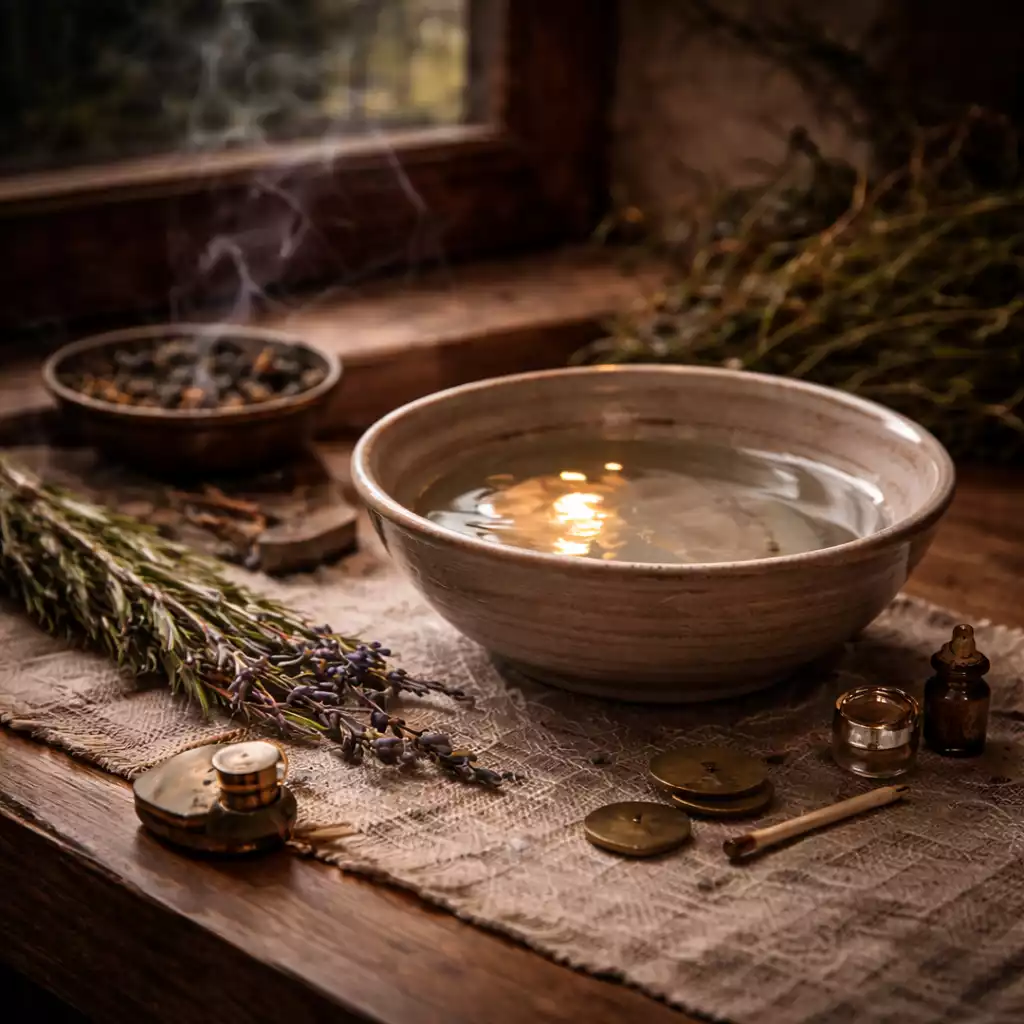 Ceramic water bowl with candle reflection and herbs, symbolizing calm signs that a spell is working