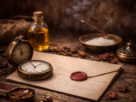 Pocket watch and sealed parchment on a stone altar, symbolizing spell timing and stages of manifestation
