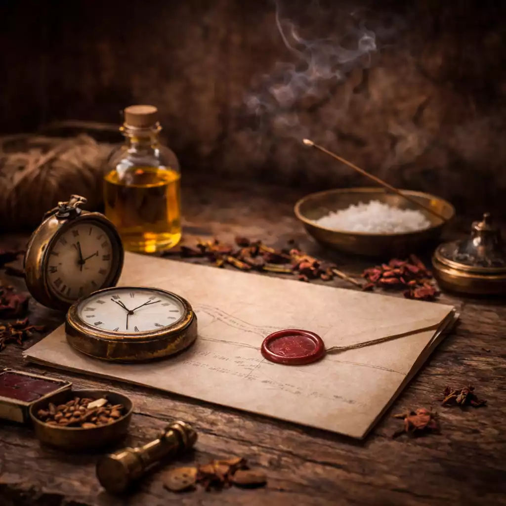 Pocket watch and sealed parchment on a stone altar, symbolizing spell timing and stages of manifestation