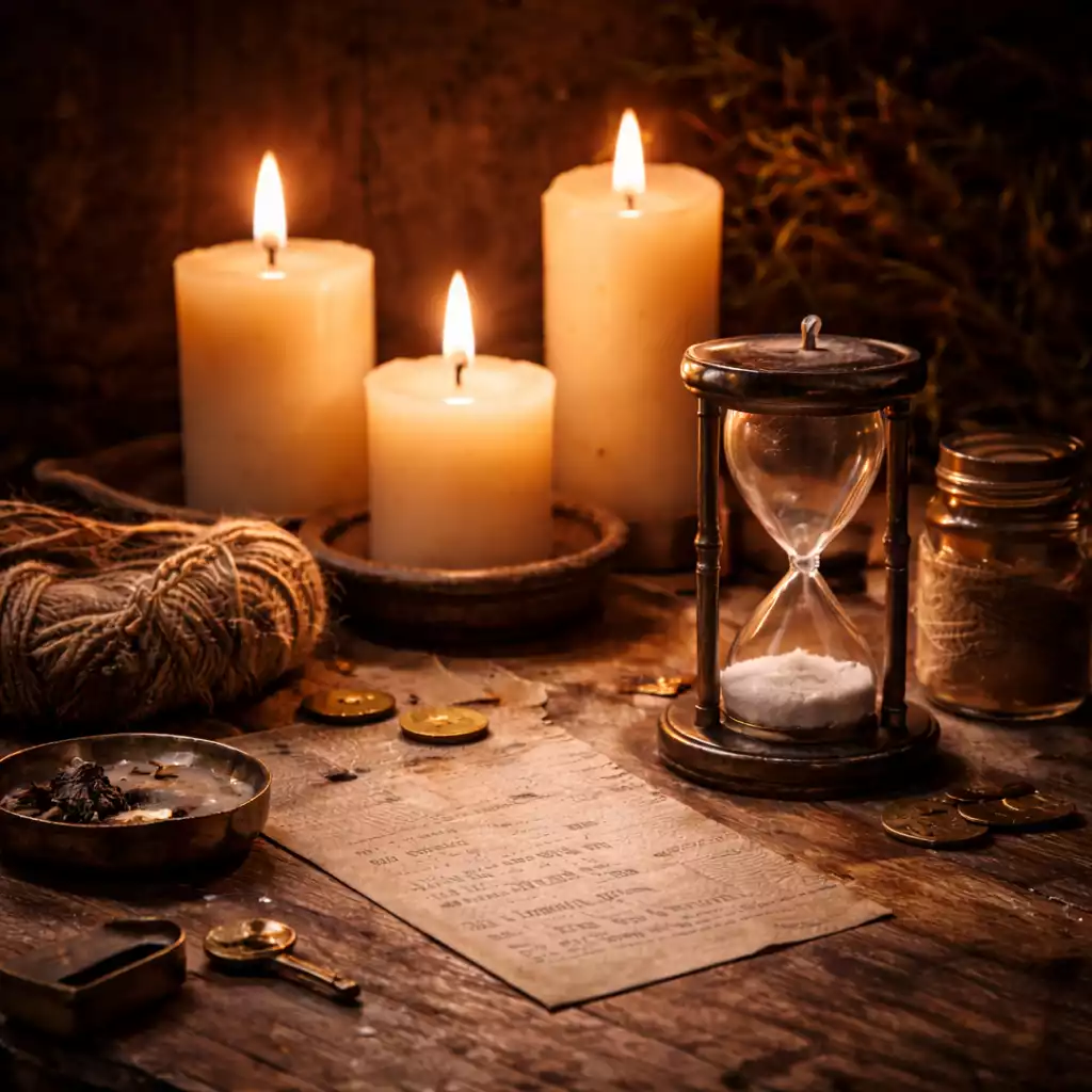 Hourglass beside three candles at different burn stages, representing realistic spell timing windows