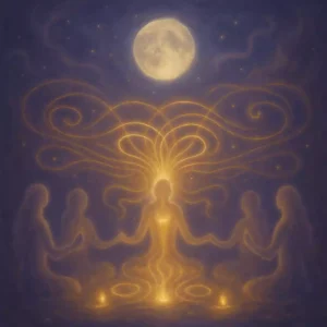 Coven holding hands beneath a full moon as golden energy flows upward, representing unity, protection, and amplified group chanting.