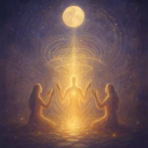 Moonlit coven chanting scene with a central golden figure and rippling light, symbolizing raised energy and shared intention.