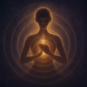 Glowing figure with hands at the heart surrounded by concentric rings of light, representing chanting as frequency, focus, and emotional alignment.