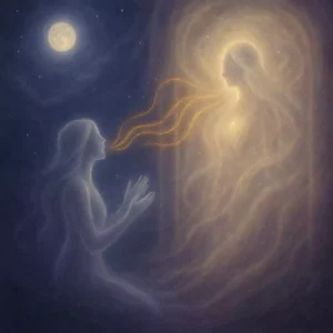 A devotee chanting toward a luminous Goddess presence under moonlight, showing voice as a bridge between human intention and the divine.