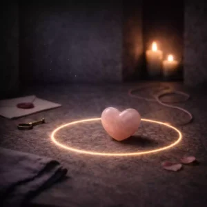 Ethical love spells image with rose quartz inside a warm boundary ring in a stone alcove