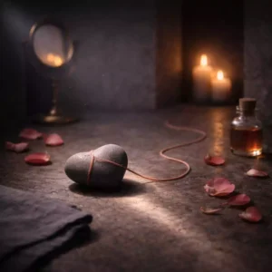 Love spells image with a heart-shaped stone wrapped in rose thread and rose oil in candlelit depth