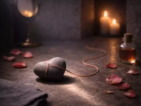 Love spells image with a heart-shaped stone wrapped in rose thread and rose oil in candlelit depth