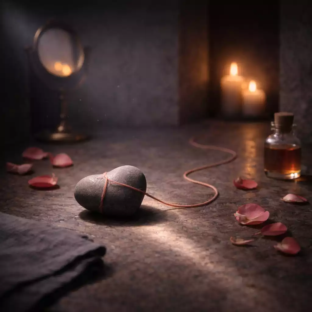 Love spells image with a heart-shaped stone wrapped in rose thread and rose oil in candlelit depth