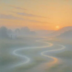 A dawn landscape with flowing light currents meeting gentle obstacles, symbolizing how timing and conditions shape spell results.