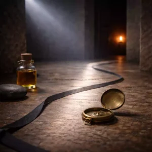 Spellwork foundations scene with a moonbeam path, compass, and ritual oil in a stone alcove