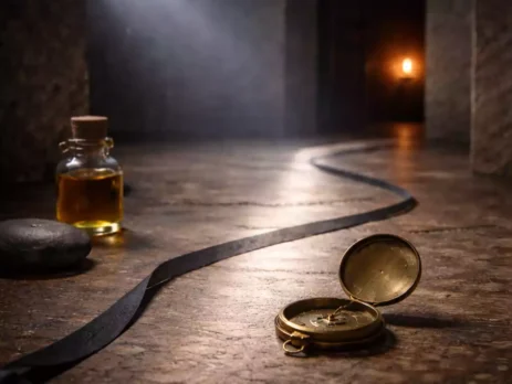 Spellwork foundations scene with a moonbeam path, compass, and ritual oil in a stone alcove