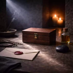Spellwork secrecy symbol with a closed wooden box, sealed envelope, incense smoke, and ritual oil