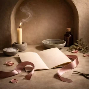 Cut rose ribbon on a blank folded letter beside a snuffed candle with curling smoke, symbolizing release from a repeating bond.