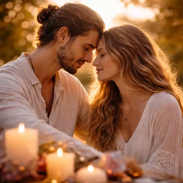 Couple at golden hour with foreheads touching beside soft candlelight, symbolizing grounded reconnection and steady emotional closeness.