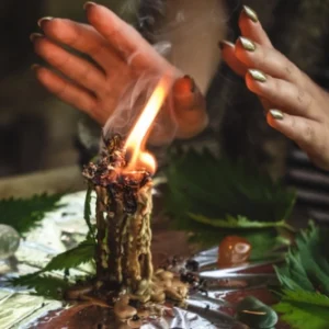Return Lost Lover Spell ritual with a burning candle, spiritual energy work, and focused hands guiding the flame.